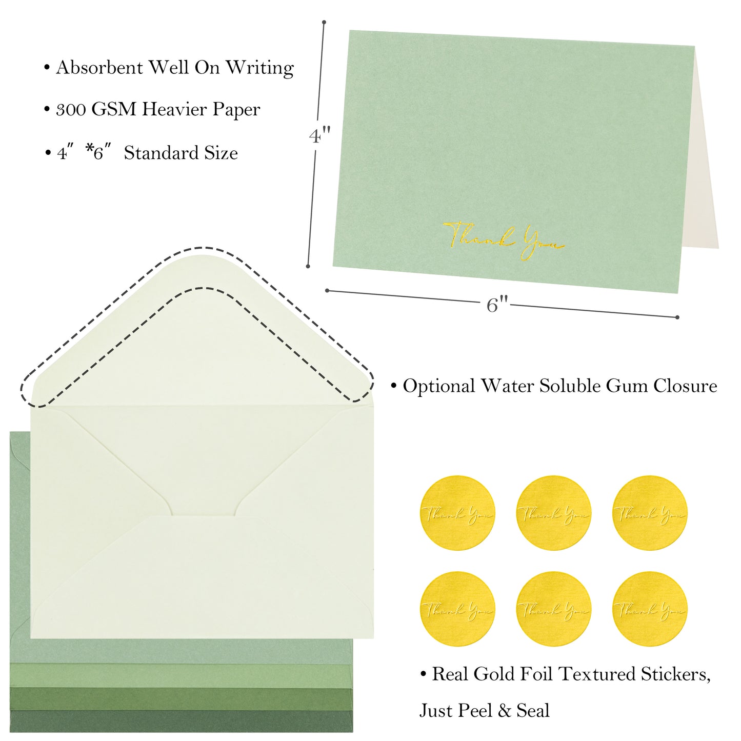 Crisky Shade of Sage Green Thank You Cards (50 Pack) with Craft Envelopes & Stickers Greeting Cards Bulk for Birthday, Baby Shower,Bridal Shower, Wedding, Graduation.