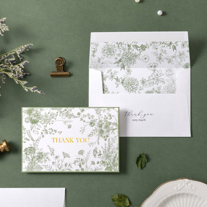 Crisky Green Floral Thank You Cards Gold Foil Greeting Notes Bulk with Envelopes (50 Pack) for Birthday, Baby Shower, Bridal Shower, Wedding, Graduation