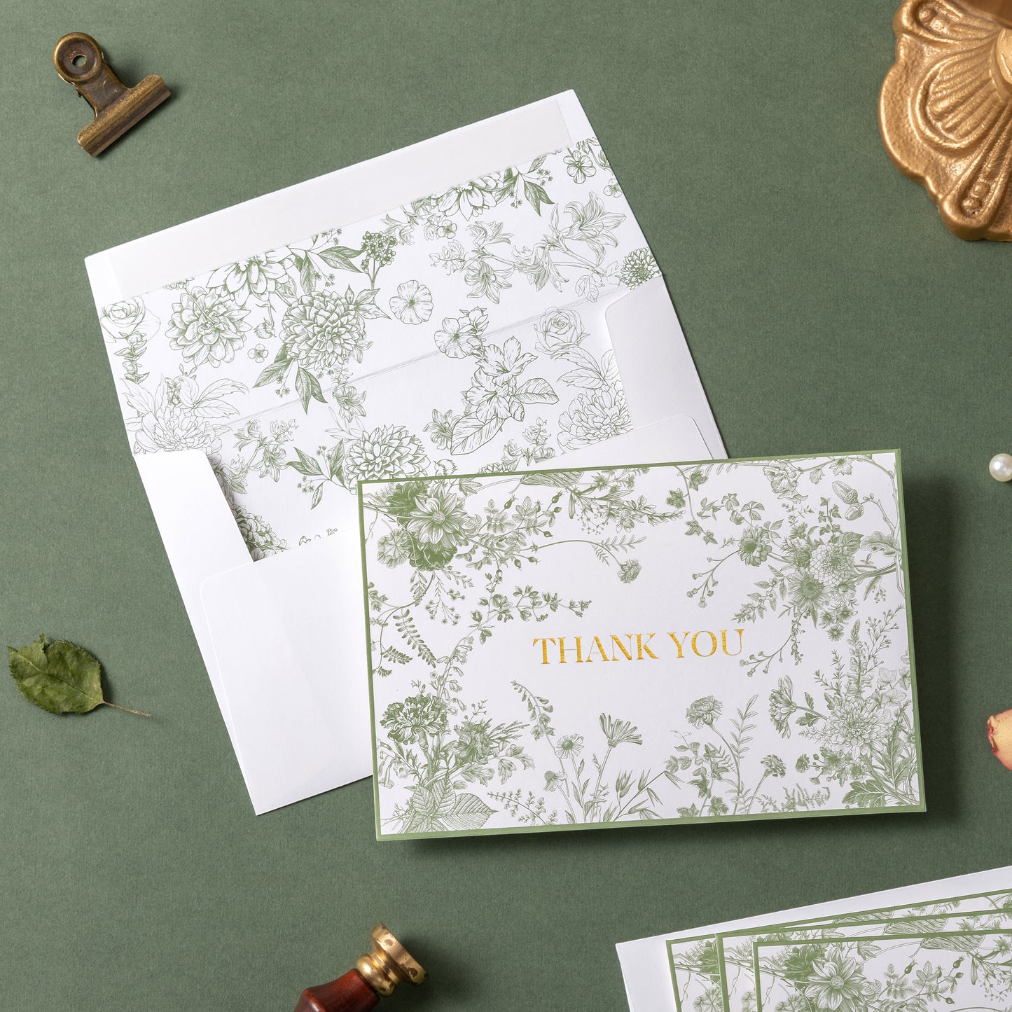 Crisky Green Floral Thank You Cards Gold Foil Greeting Notes Bulk with Envelopes (50 Pack) for Birthday, Baby Shower, Bridal Shower, Wedding, Graduation
