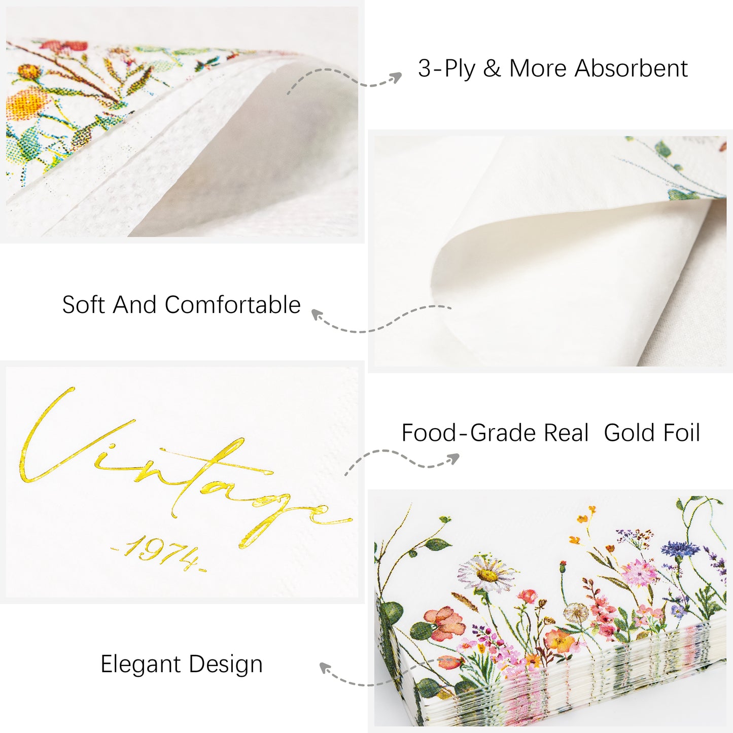 Crisky Wild Flower Cocktail Napkins Gold Foil Design Vintage 1974 Paper Disposable Napkins for Anniversary/50th Birthday Party Decoration, 3-Ply, 50 Counts