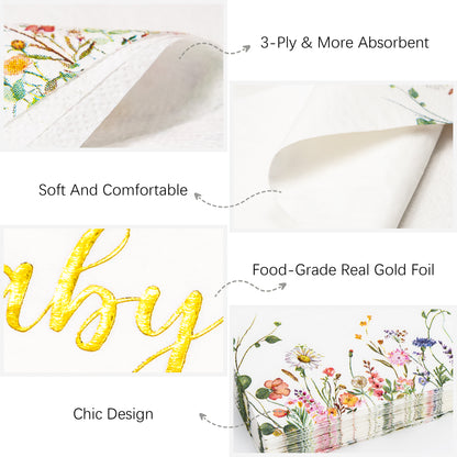 Crisky Baby Shower Napkins Floral Gold Foil Oh Baby Paper Disposable Napkins for Baby Shower Party Decoration, 3-Ply, 50 Counts
