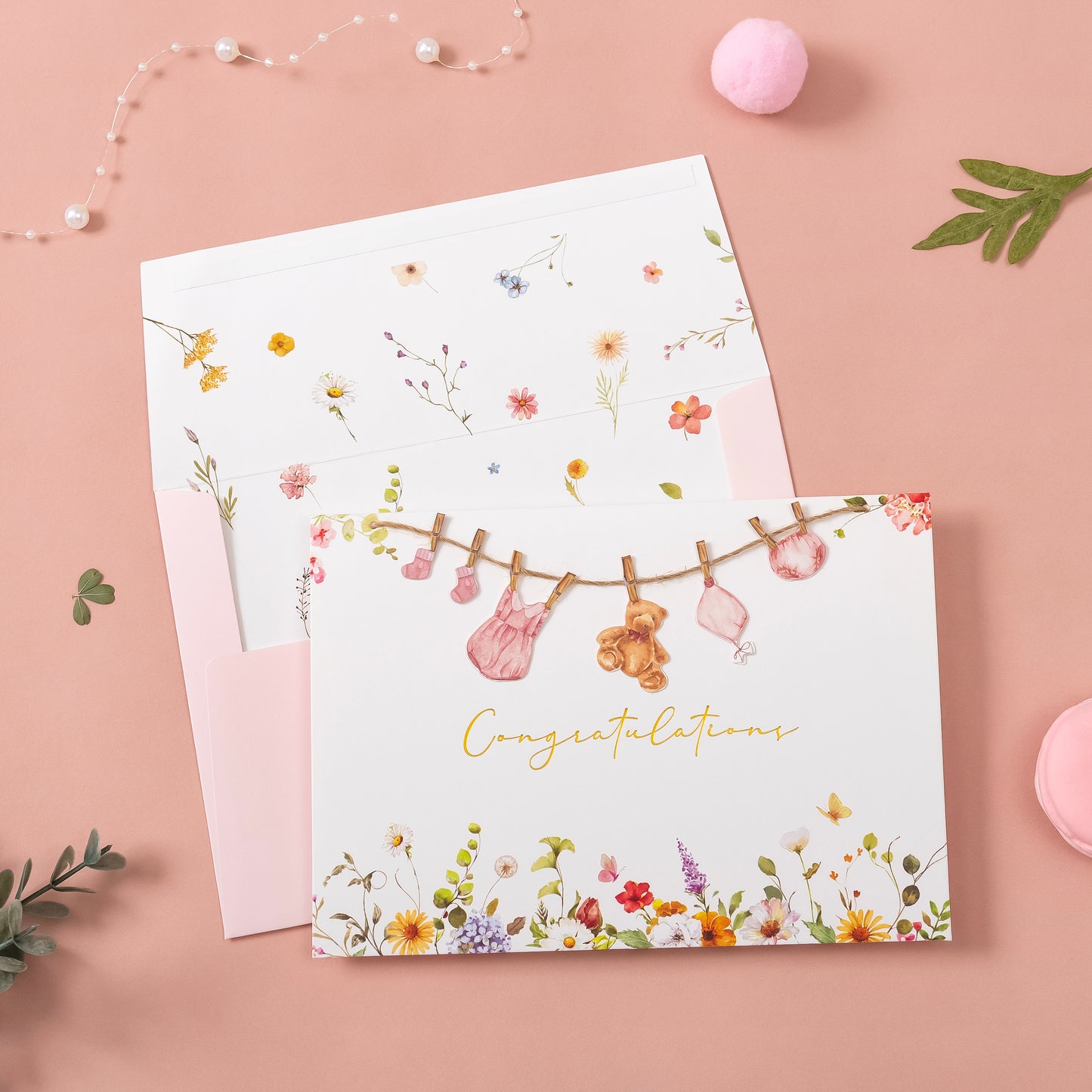 Crisky Baby Shower Card for Girls Welcome Congratulations New Baby Girl Pink Wildflower Floral Bear