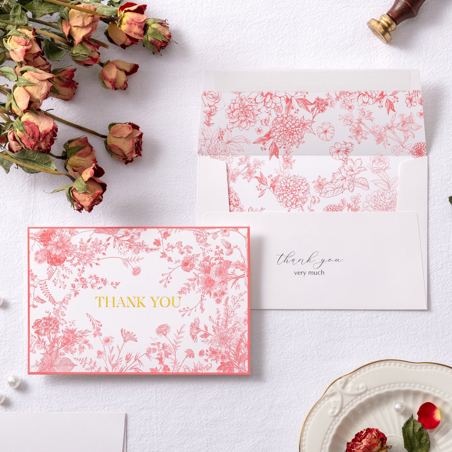 Crisky Pink Floral Thank you cards Gold Foil Greeting Notes Bulk with Envelopes(50 Pack) for Birthday, Baby Shower, Bridal Shower, Wedding, Graduation