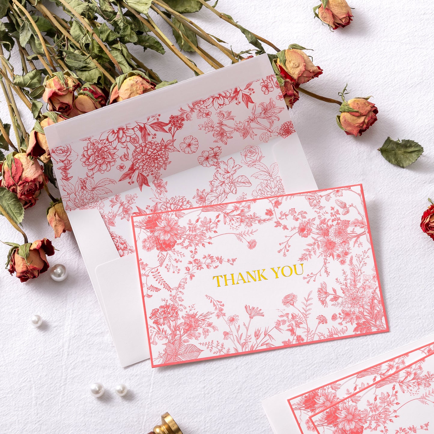 Crisky Pink Floral Thank you cards Gold Foil Greeting Notes Bulk with Envelopes(50 Pack) for Birthday, Baby Shower, Bridal Shower, Wedding, Graduation