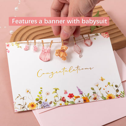 Crisky Baby Shower Card for Girls Welcome Congratulations New Baby Girl Pink Wildflower Floral Bear