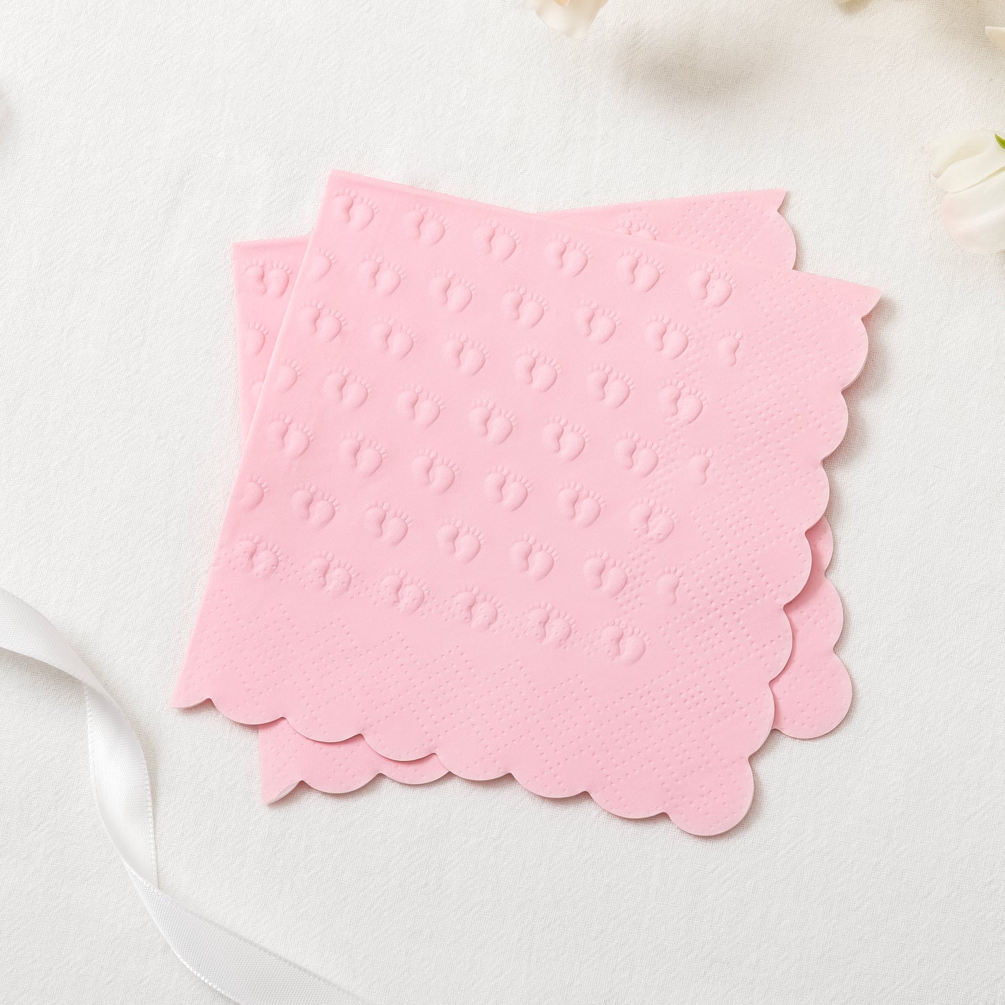 Crisky 3-Ply Baby Shower Napkins for Girl, 50 Pack Embossed Footprints Pink Napkins for Girl Baby Shower Decorations, Disposable Paper Cocktail Napkin, and Not Easily Torn