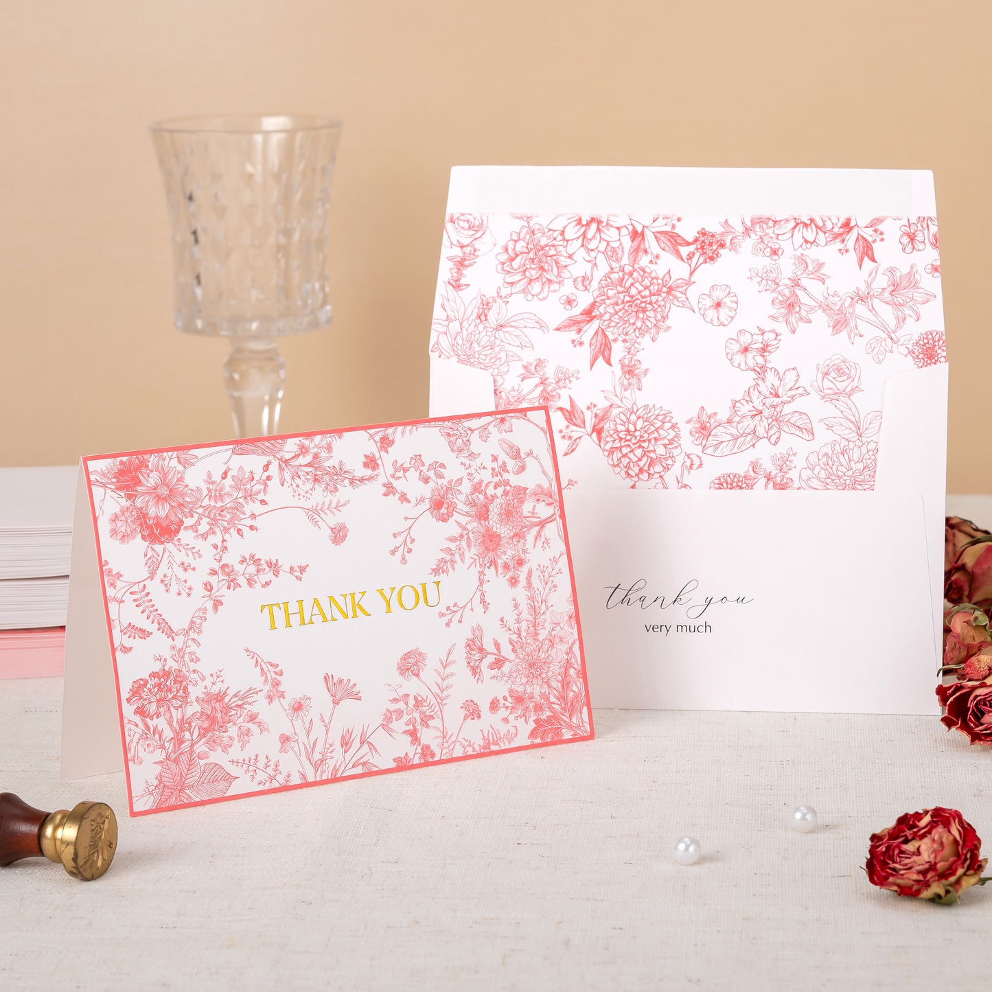 Crisky Pink Floral Thank you cards Gold Foil Greeting Notes Bulk with Envelopes(50 Pack) for Birthday, Baby Shower, Bridal Shower, Wedding, Graduation