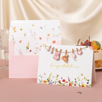 Crisky Baby Shower Card for Girls Welcome Congratulations New Baby Girl Pink Wildflower Floral Bear