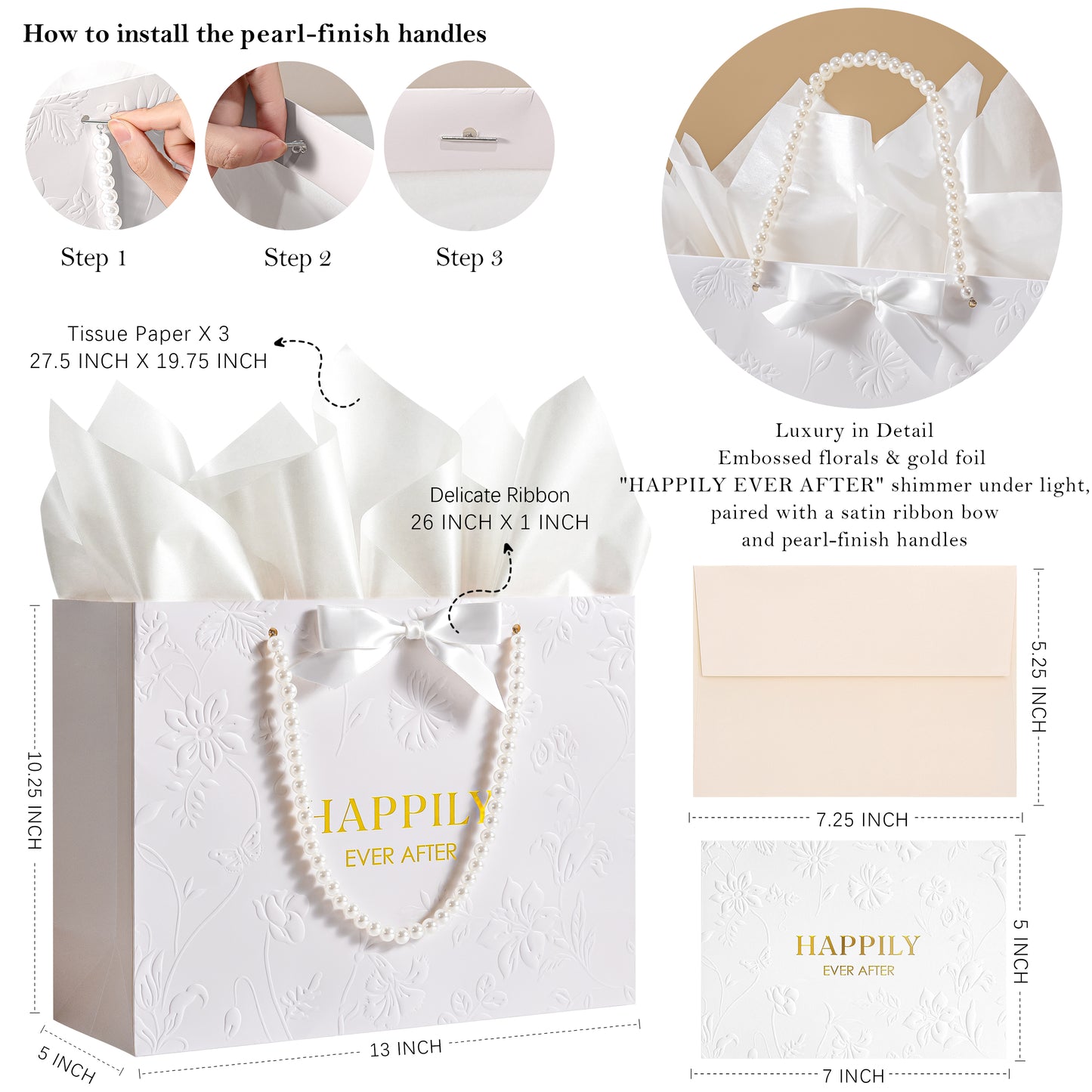 Crisky 13" Embossed Wedding Gift Bag with Pearl Handles, Large Bridal Shower Gift Bag with Greeting Card Tissue Paper Envelopes (Happily Ever After) for Bride, Women, Friends Engagement Party