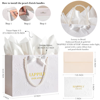 Crisky 13" Embossed Wedding Gift Bag with Pearl Handles, Large Bridal Shower Gift Bag with Greeting Card Tissue Paper Envelopes (Happily Ever After) for Bride, Women, Friends Engagement Party