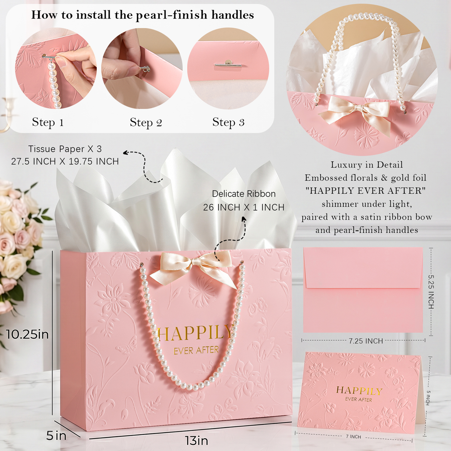 Crisky 13" Embossed Wedding Gift Bag with Pearl Handles, Large Pink Bridal Shower Gift Bag with Greeting Card Tissue Paper Envelopes (Happily Ever After) for Bride, Women, Friends Engagement Party