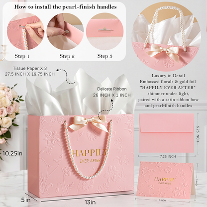 Crisky 13" Embossed Wedding Gift Bag with Pearl Handles, Large Pink Bridal Shower Gift Bag with Greeting Card Tissue Paper Envelopes (Happily Ever After) for Bride, Women, Friends Engagement Party