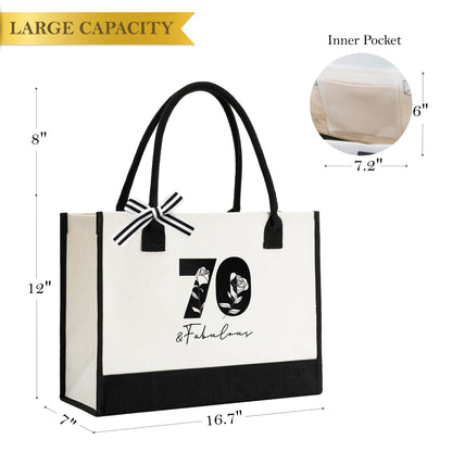 Crisky 70th Birthday Gifts for Women Canvas Tote Bag 70 & Fabulous Beach Bag for Wife/Sister/Mom/Aunt/Friends 70th Birthday Gifts,17" x 12" x 7"