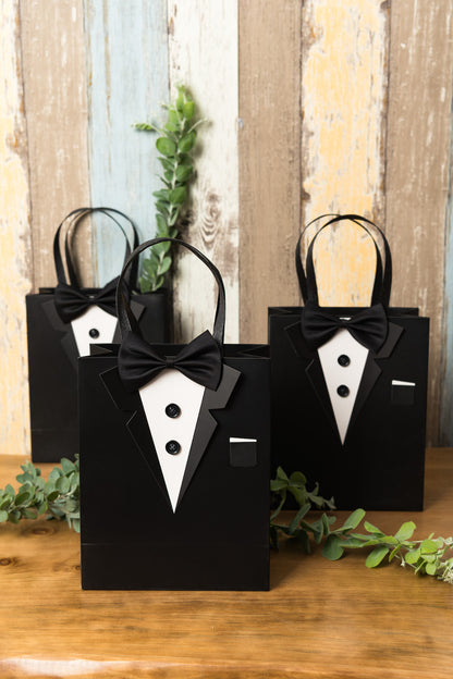Crisky Classic Black Tuxedo Gift Bags for Groomsman Father's Birthday Anniversary Wedding Favor Bags 10"x8"x4" set of 6