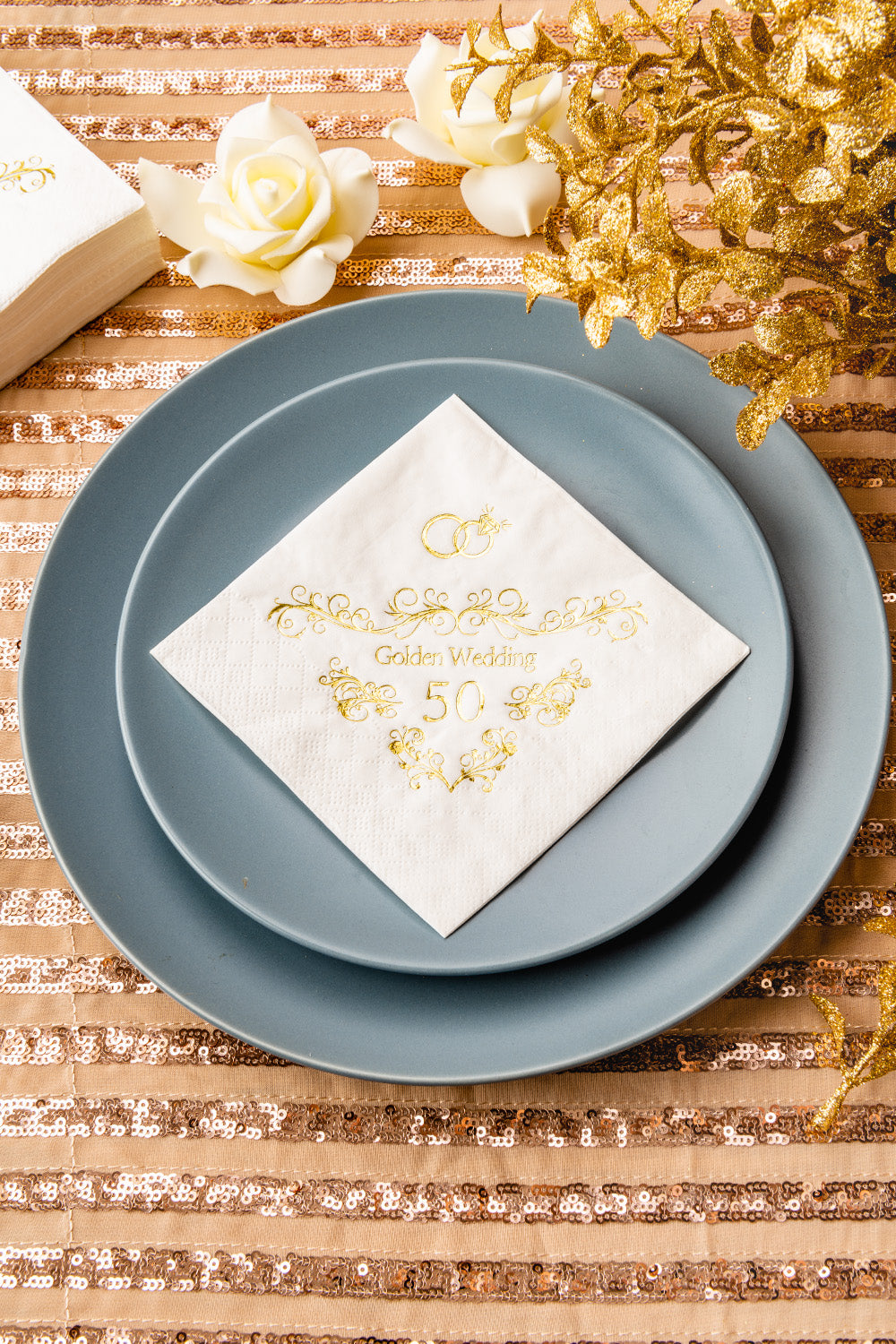 Crisky 50th Wedding Anniversaray Napkins Golden Cocktail Beverage Napkins, 50th Wedding Anniversary Decorations for Candy Cake Table, 50 Pcs, 3-ply