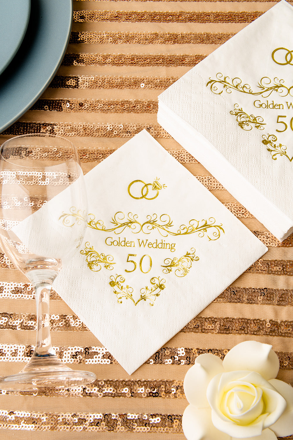 Crisky 50th Wedding Anniversaray Napkins Golden Cocktail Beverage Napkins, 50th Wedding Anniversary Decorations for Candy Cake Table, 50 Pcs, 3-ply