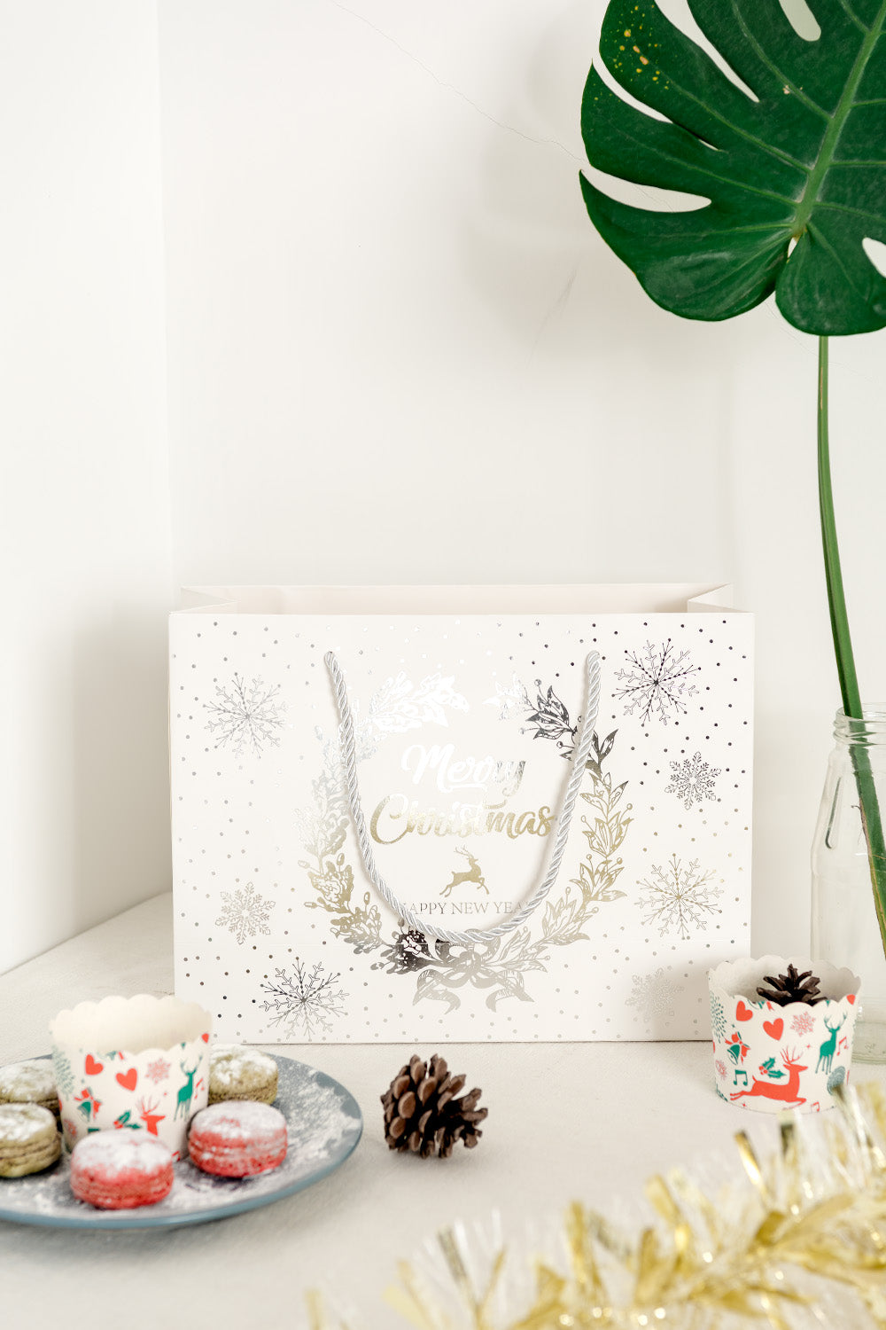 Crisky Merry Christmas & Happy New Year Gift Bags, Foil Silver, 11" x 8" x 4", Medium Bags 12 Pcs