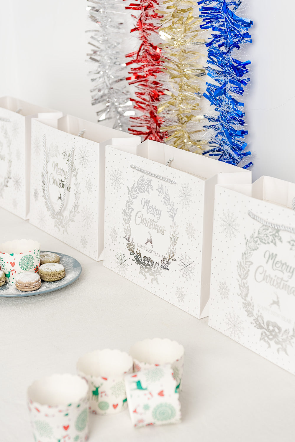 Crisky Merry Christmas & Happy New Year Gift Bags, Foil Silver, 11" x 8" x 4", Medium Bags 12 Pcs