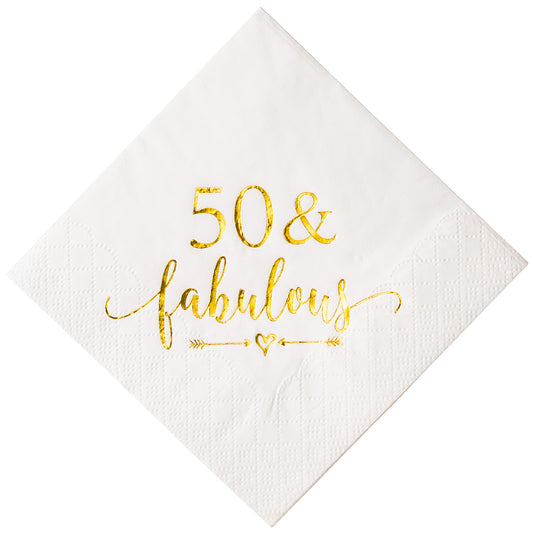Crisky 50 and Fabulous Cocktail Napkins Gold for Women 50th Birthday Decorations, 50th Birthday Bevergae Dessert Table Supplies, 50Pcs, 3-Ply