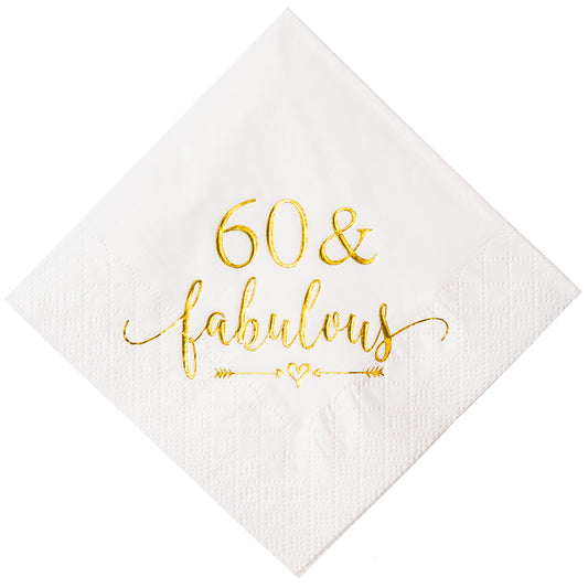 Crisky 60 and Fabulous Cocktail Napkins Gold for Women 60th Birthday Decorations, 60th Birthday Bevergae Dessert Table Supplies, 50Pcs, 3-Ply