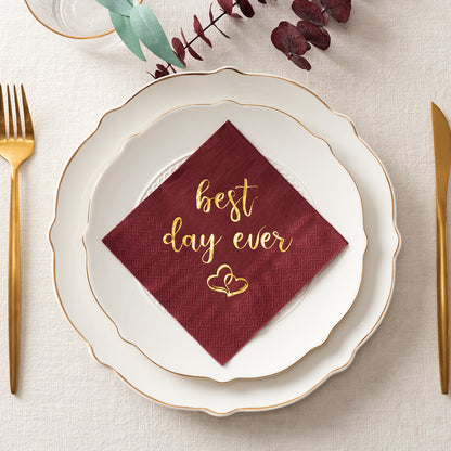 Crisky Wedding Cocktail Napkins Burgundy Gold Best Day Ever Napkins for Wedding Dessert Beverage Table Decorations Wedding Party Supplies 100 Pcs, 3-ply