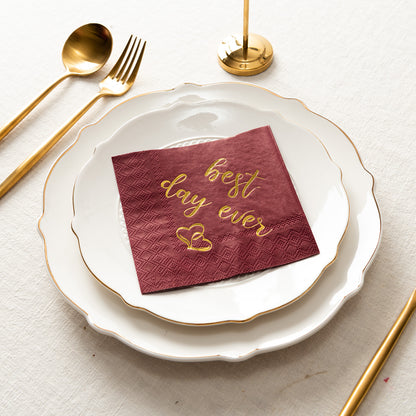 Crisky Wedding Cocktail Napkins Burgundy Gold Best Day Ever Napkins for Wedding Dessert Beverage Table Decorations Wedding Party Supplies 100 Pcs, 3-ply