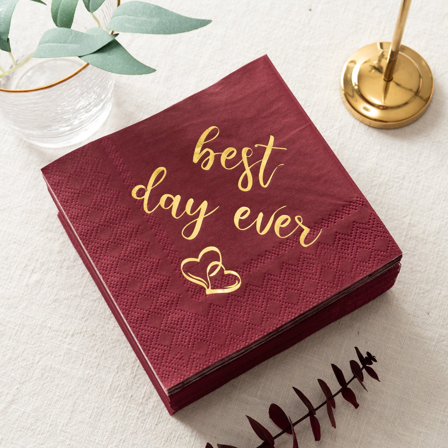 Crisky Wedding Cocktail Napkins Burgundy Gold Best Day Ever Napkins for Wedding Dessert Beverage Table Decorations Wedding Party Supplies 100 Pcs, 3-ply