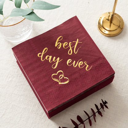 Crisky Wedding Cocktail Napkins Burgundy Gold Best Day Ever Napkins for Wedding Dessert Beverage Table Decorations Wedding Party Supplies 100 Pcs, 3-ply