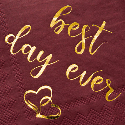 Crisky Wedding Cocktail Napkins Burgundy Gold Best Day Ever Napkins for Wedding Dessert Beverage Table Decorations Wedding Party Supplies 100 Pcs, 3-ply