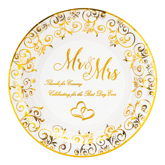 Crisky Wedding Mr and Mrs Gold Plates, Gold Wedding Party Decorations Dessert, Buffet, Cake, Lunch, Dinner Disposable Plates Party Supples, Celebrating for the Best Day Ever! 50 Count, 9" Plate