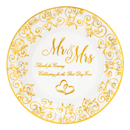 Crisky Wedding Mr and Mrs Gold Plates, Gold Wedding Party Decorations Dessert, Buffet, Cake, Lunch, Dinner Disposable Plates Party Supples, Celebrating for the Best Day Ever! 50 Count, 9" Plate