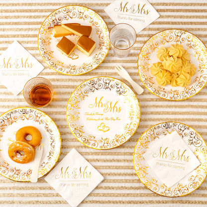 Crisky Wedding Mr and Mrs Gold Plates, Gold Wedding Party Decorations Dessert, Buffet, Cake, Lunch, Dinner Disposable Plates Party Supples, Celebrating for the Best Day Ever! 50 Count, 9" Plate