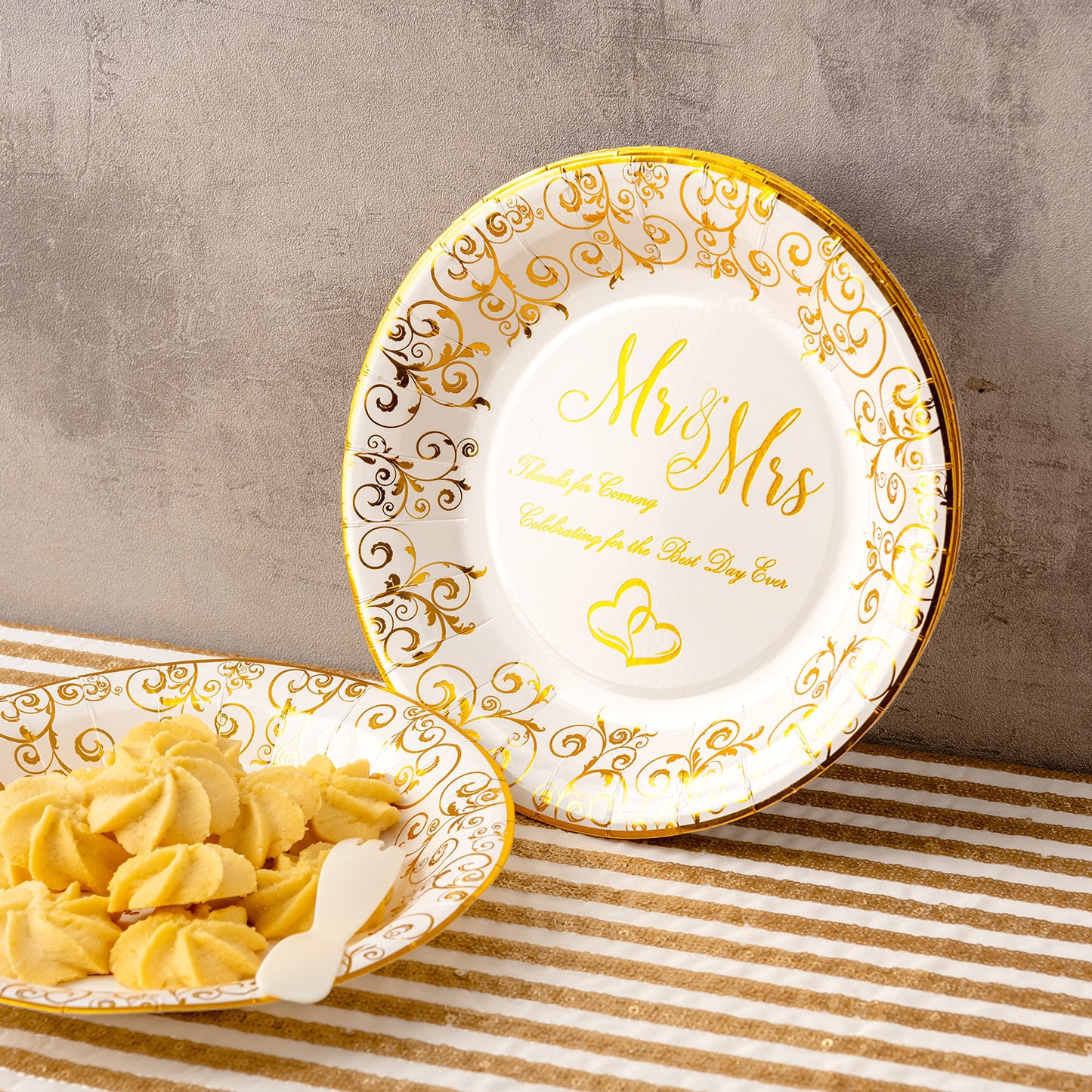 Crisky Wedding Mr and Mrs Gold Plates, Gold Wedding Party Decorations Dessert, Buffet, Cake, Lunch, Dinner Disposable Plates Party Supples, Celebrating for the Best Day Ever! 50 Count, 9" Plate
