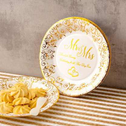 Crisky Wedding Mr and Mrs Gold Plates, Gold Wedding Party Decorations Dessert, Buffet, Cake, Lunch, Dinner Disposable Plates Party Supples, Celebrating for the Best Day Ever! 50 Count, 9" Plate