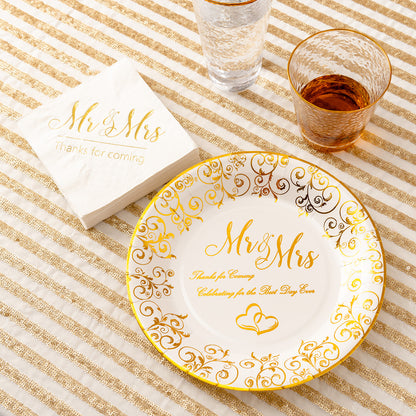 Crisky Wedding Mr and Mrs Gold Plates, Gold Wedding Party Decorations Dessert, Buffet, Cake, Lunch, Dinner Disposable Plates Party Supples, Celebrating for the Best Day Ever! 50 Count, 9" Plate