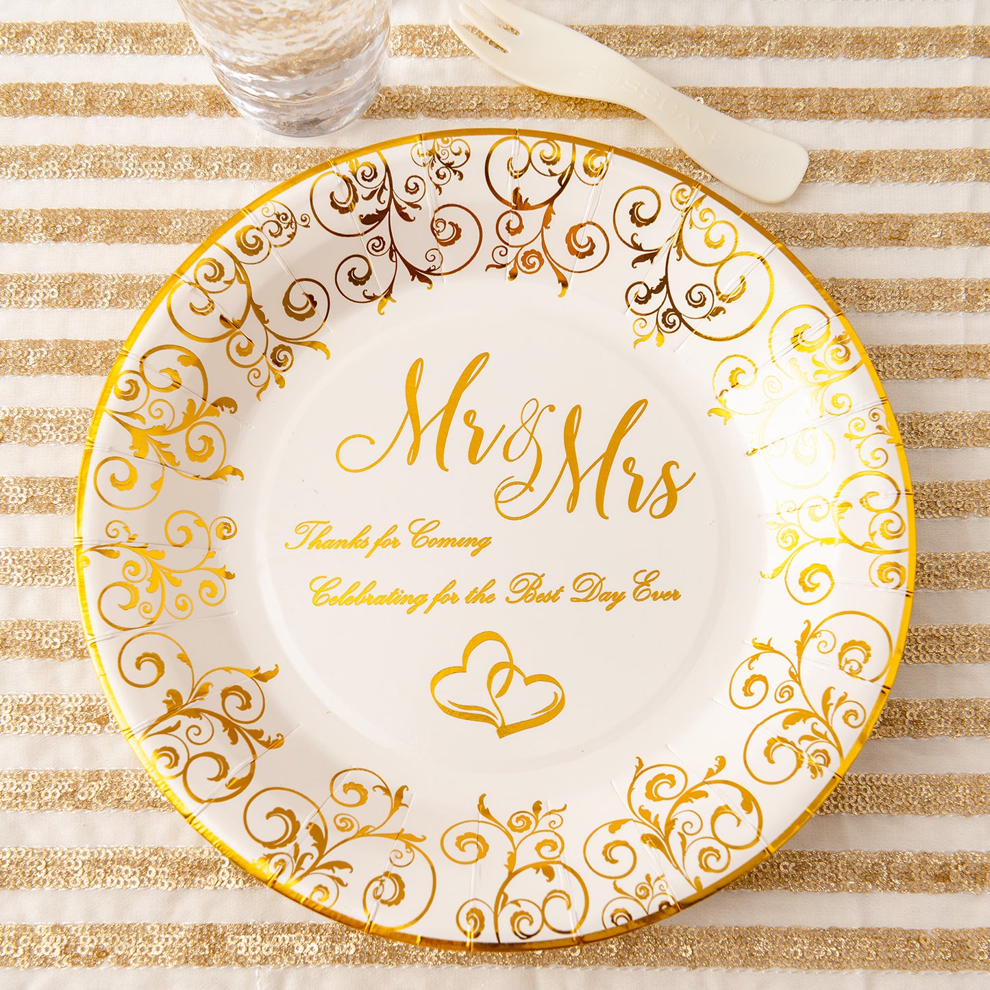 Crisky Wedding Mr and Mrs Gold Plates, Gold Wedding Party Decorations Dessert, Buffet, Cake, Lunch, Dinner Disposable Plates Party Supples, Celebrating for the Best Day Ever! 50 Count, 9" Plate