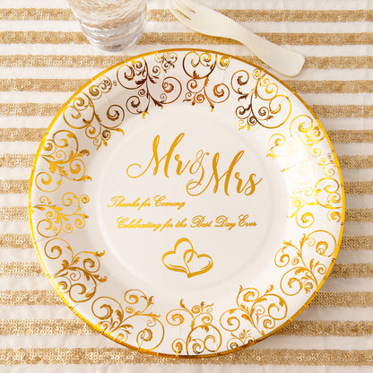 Crisky Wedding Mr and Mrs Gold Plates, Gold Wedding Party Decorations Dessert, Buffet, Cake, Lunch, Dinner Disposable Plates Party Supples, Celebrating for the Best Day Ever! 50 Count, 9" Plate