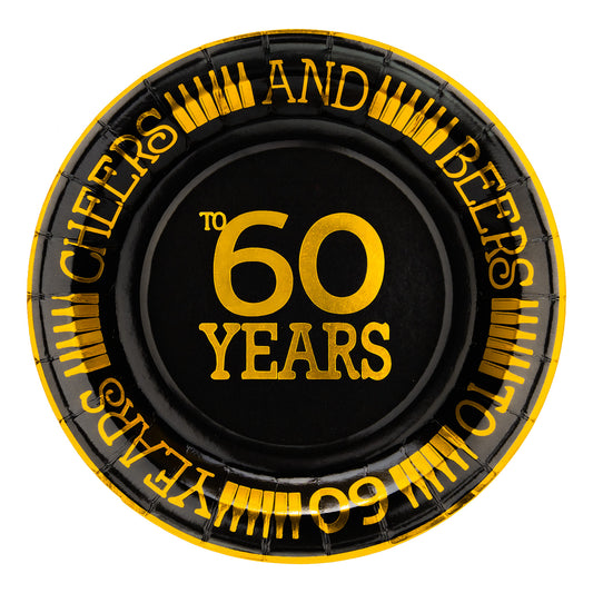 Crisky 60th Birthday Plates Black and Gold Dessert, Buffet, Cake, Lunch, Dinner Plates for 60th Birthday Decorations Party Supplies, Cheers and Beers to 60 Years! 50 Count, 9" Plate