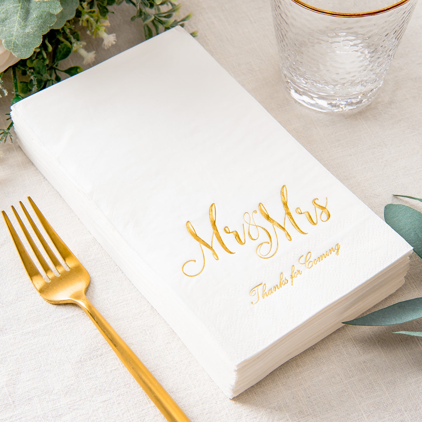 Crisky Mr & Mrs Dinner Napkins Gold Wedding Dinner Napkins Disposable Decorative Towels for Wedding Shower Banquet, Elegant Gold Wedding Rehearsal Dinner Party Decoraions ,50 Pcs, 3-ply, 12"x16"
