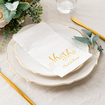 Crisky Mr & Mrs Dinner Napkins Gold Wedding Dinner Napkins Disposable Decorative Towels for Wedding Shower Banquet, Elegant Gold Wedding Rehearsal Dinner Party Decoraions ,50 Pcs, 3-ply, 12"x16"