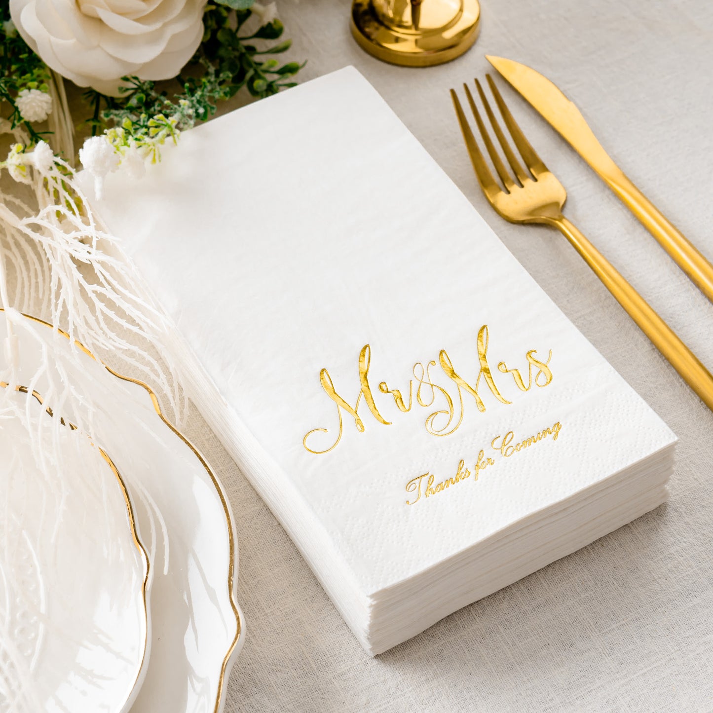 Crisky Mr & Mrs Dinner Napkins Gold Wedding Dinner Napkins Disposable Decorative Towels for Wedding Shower Banquet, Elegant Gold Wedding Rehearsal Dinner Party Decoraions ,50 Pcs, 3-ply, 12"x16"