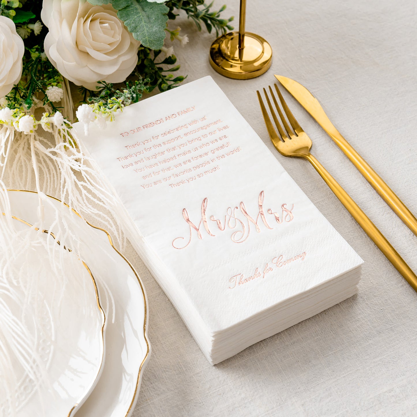 Crisky Rose Gold Mr & Mrs Dinner Napkins Wedding Dinner Napkins Replace Thank You Card Disposable Decorative Towels for Wedding Shower Banquet Rehearsal Dinner Decoraions ,50 Pcs, 3-ply, 12"x16"