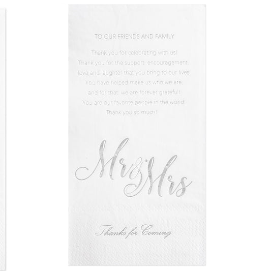 Crisky Silver Mr & Mrs Dinner Napkins Wedding Dinner Napkins Replace Thank You Card Disposable Decorative Towels for Wedding Shower Banquet, Wedding Rehearsal Dinner Decoraions ,50 Pcs, 3-ply, 12"x16"