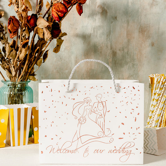 Crisky Welcome to Our Wedding Gift Bags for Hotel Guests, 25 Pcs, White Bag & Rose Gold Foil Text