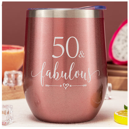 Crisky Rose Gold 50 & Fabulous Wine Tumbler for Women 50th Birthday Gifts for Women, Wife, Mom, Sister, Aunt, Friends, Coworker Her, Vacuum Insulated Coffee Cup,12oz with Box, Lid, Straw