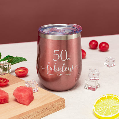 Crisky Rose Gold 50 & Fabulous Wine Tumbler for Women 50th Birthday Gifts for Women, Wife, Mom, Sister, Aunt, Friends, Coworker Her, Vacuum Insulated Coffee Cup,12oz with Box, Lid, Straw