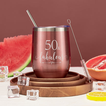 Crisky Rose Gold 50 & Fabulous Wine Tumbler for Women 50th Birthday Gifts for Women, Wife, Mom, Sister, Aunt, Friends, Coworker Her, Vacuum Insulated Coffee Cup,12oz with Box, Lid, Straw