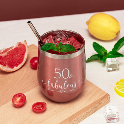 Crisky Rose Gold 50 & Fabulous Wine Tumbler for Women 50th Birthday Gifts for Women, Wife, Mom, Sister, Aunt, Friends, Coworker Her, Vacuum Insulated Coffee Cup,12oz with Box, Lid, Straw
