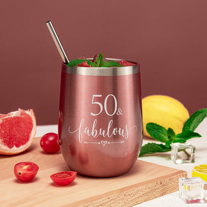 Crisky Rose Gold 50 & Fabulous Wine Tumbler for Women 50th Birthday Gifts for Women, Wife, Mom, Sister, Aunt, Friends, Coworker Her, Vacuum Insulated Coffee Cup,12oz with Box, Lid, Straw
