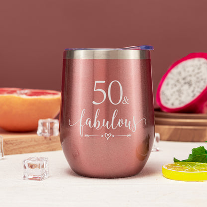 Crisky Rose Gold 50 & Fabulous Wine Tumbler for Women 50th Birthday Gifts for Women, Wife, Mom, Sister, Aunt, Friends, Coworker Her, Vacuum Insulated Coffee Cup,12oz with Box, Lid, Straw